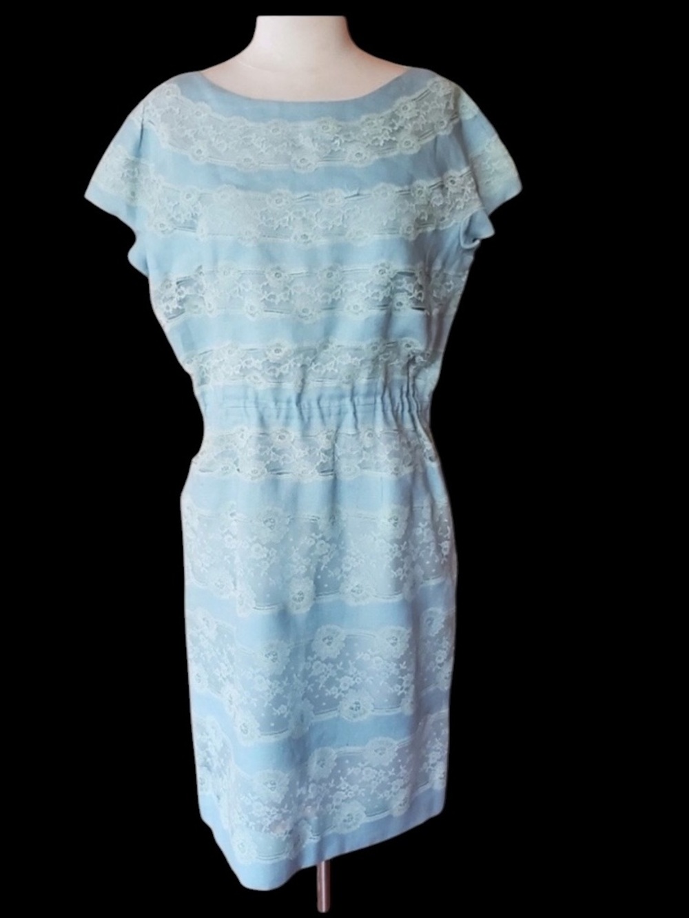 1960s Makoff Powder Blue Lace Linen Overlay Sheath Dress